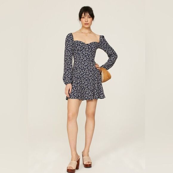 Reformation Mochi Mini Midnight Navy Blue Dress Puff Sleeve Floral Size L - Picture 6 of 14